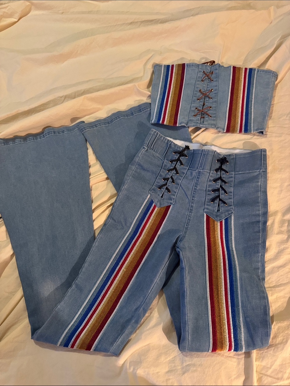 Fashion Nova Light Blue Denim Stripe Lace-Up Jumpsuit Set